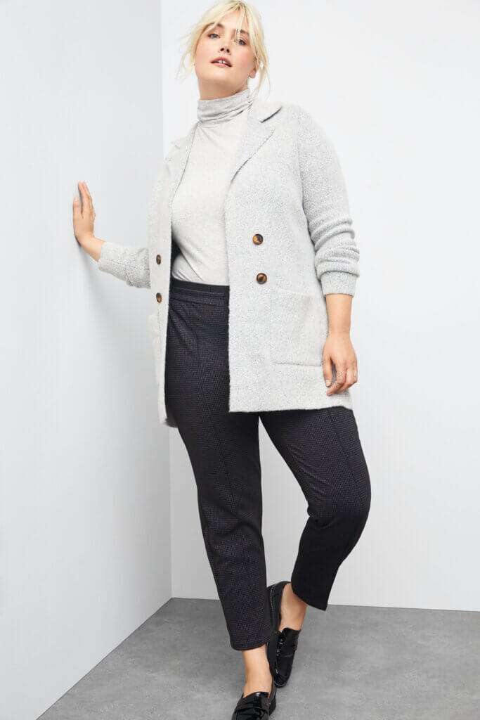 Textured Grey Cardigan Over Turtleneck with Patterned Pants — Casual Winter Outfits