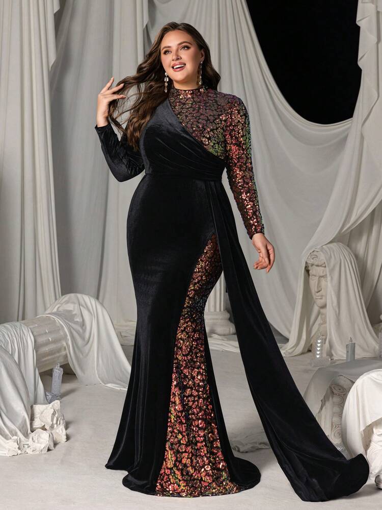 Black Velvet Gown with Sequined Panels and Sash Black Velvet Gown with Sequined Panels and Sash — Winter Formal Dresses