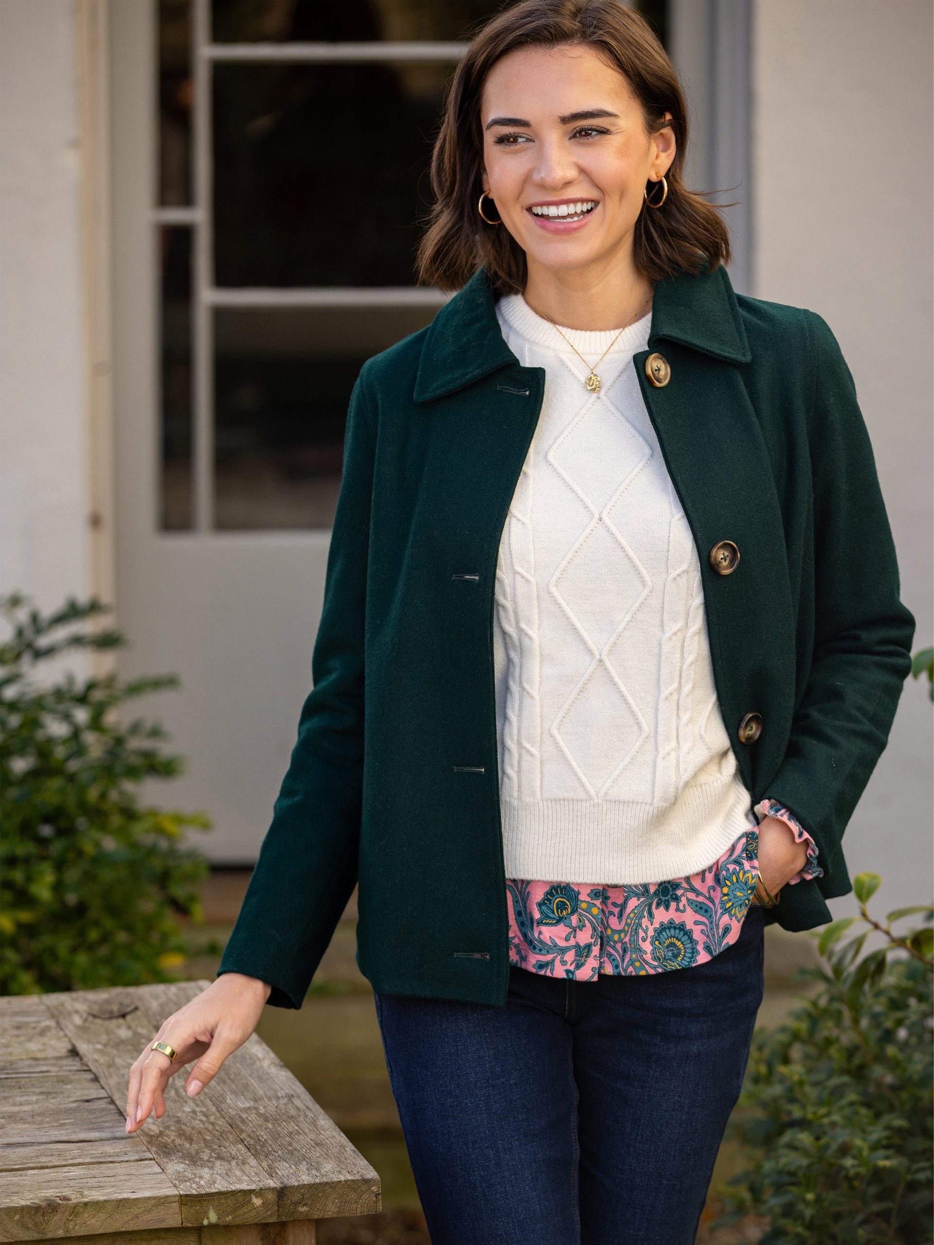 Dark Green Cropped Boxy Jacket with Cable-Knit Sweater — Winter Jackets for Women