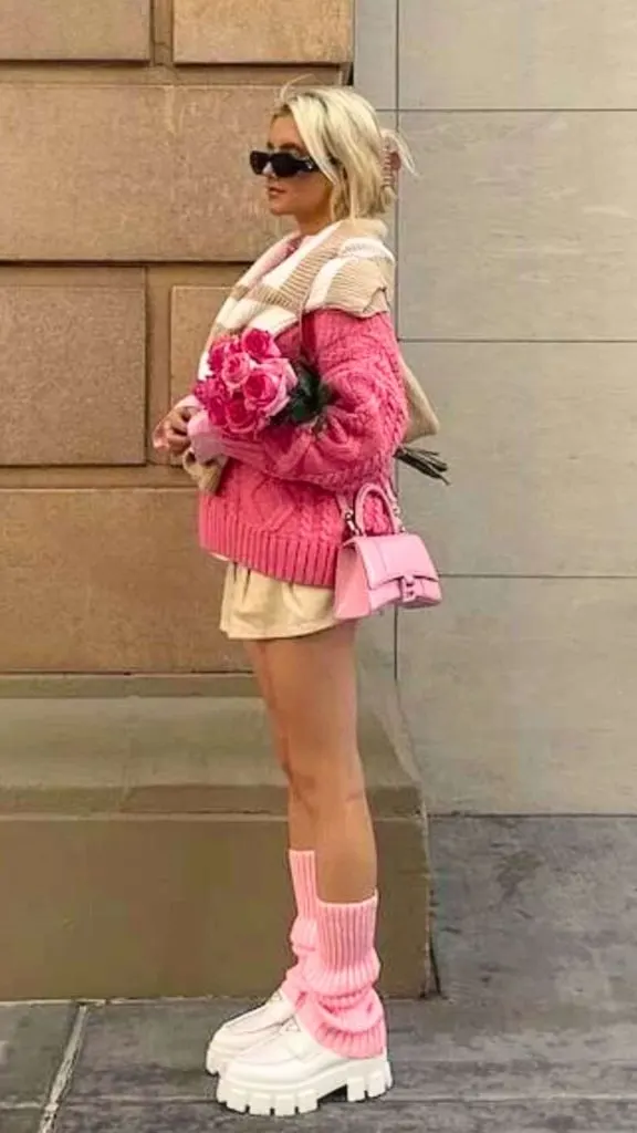 Bold Streetwear: Bright Pink Leg Warmers with Oversized Sweater — Leg Warmers Outfits