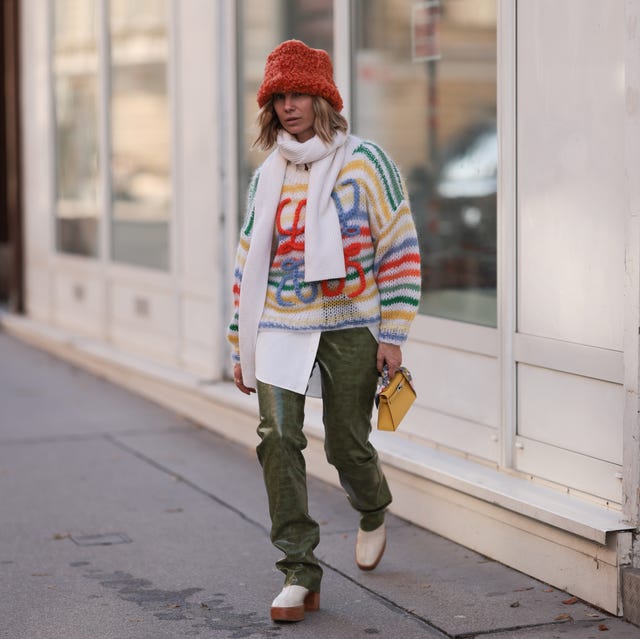 Fuzzy Striped Sweater with Olive Green Faux Leather Pants — Colorful Winter Outfits