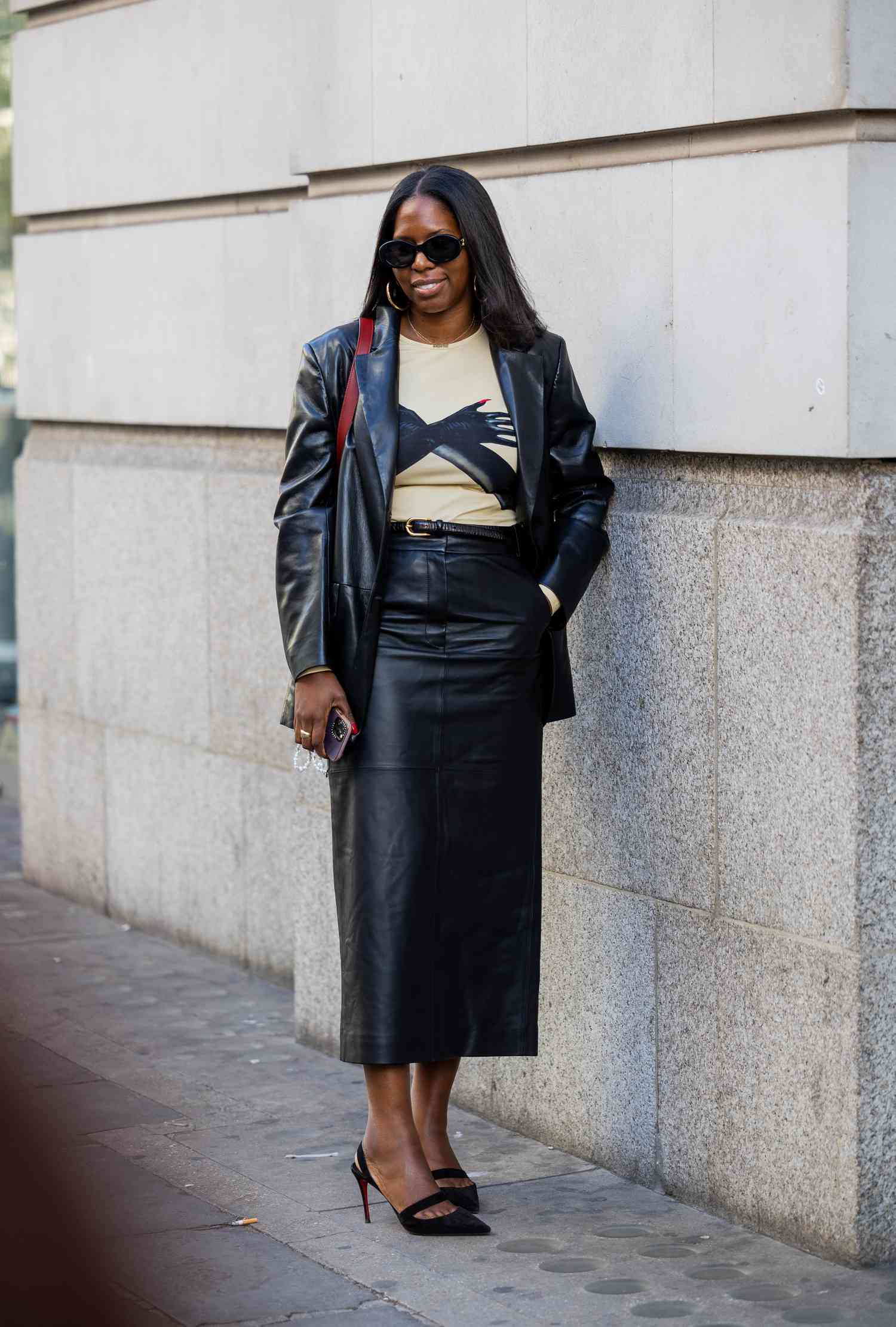 Leather Blazer and Pencil Skirt with a Pop of Red for Concert Style — Winter Concert Outfits