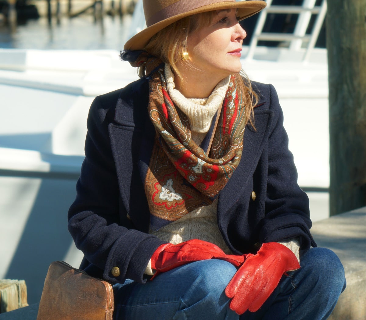 Navy Coat Over Cable Knit Sweater with Patterned Scarf for Classic Winter — Winter Outfits for Women Over 50