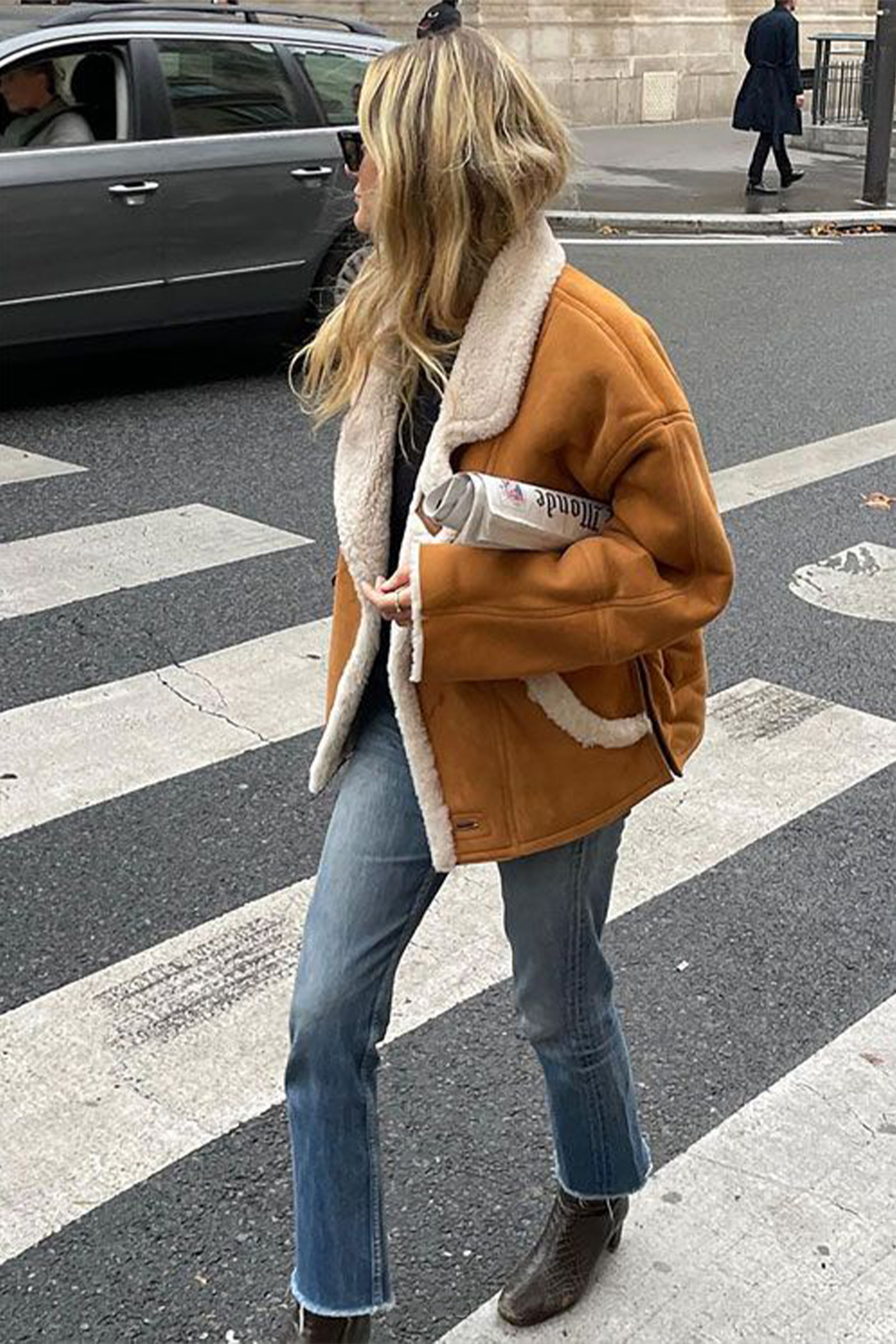 Tan Suede Aviator Shearling Jacket with Black Top and Jeans Tan Suede Aviator Shearling Jacket with Black Top and Jeans — Shearling Coat Outfits
