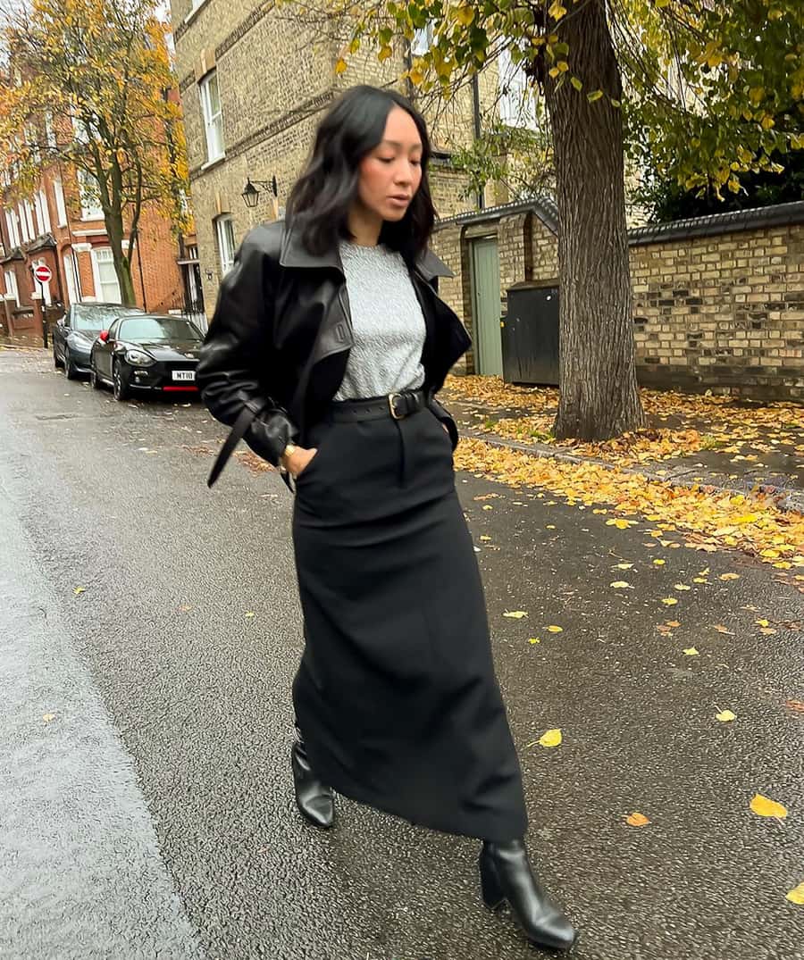 Edgy Leather Jacket with Knit and A-Line Skirt for a Concert Vibe — Winter Concert Outfits