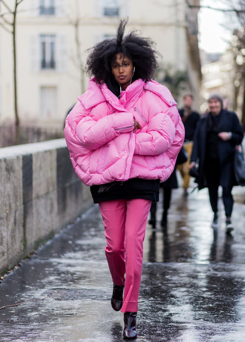Bold Pink Puffer Jacket and Matching Trousers for Street Style — Colorful Winter Outfits