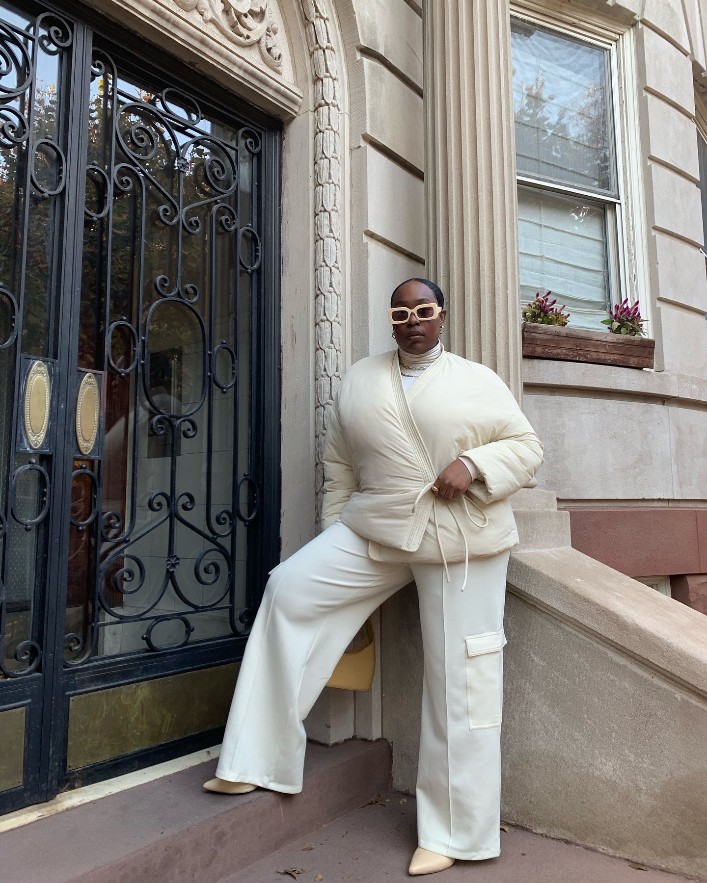 Cozy Cream Puffer Jacket Paired with Wide-Leg Cargo Pants — NYC Winter Outfits