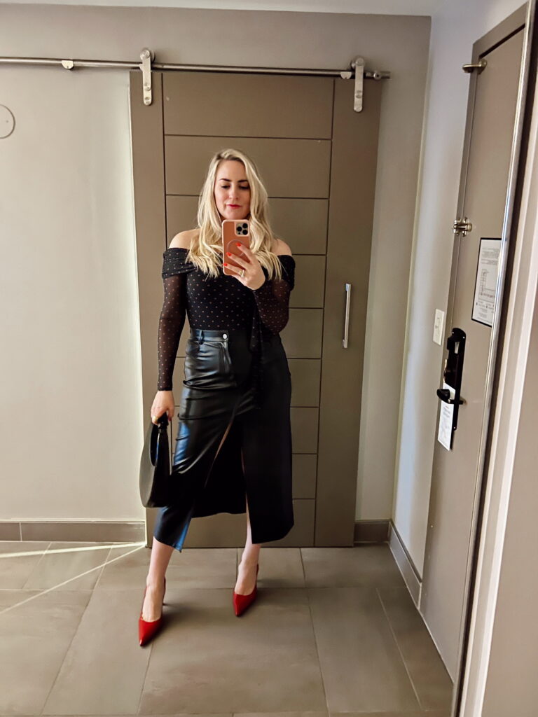 Black Leather Midi Skirt with Slit and Polka Dot Off-the-Shoulder Top Black Leather Midi Skirt with Slit and Polka Dot Off-the-Shoulder Top — Leather Skirt Outfits