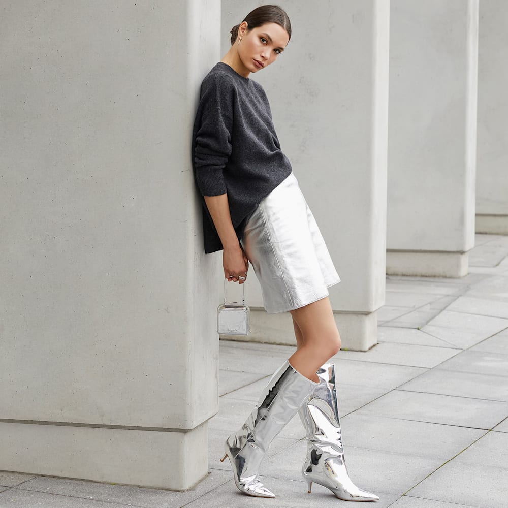 Metallic Knee-High Boots with A-Line Skirt — Winter Boots Outfits