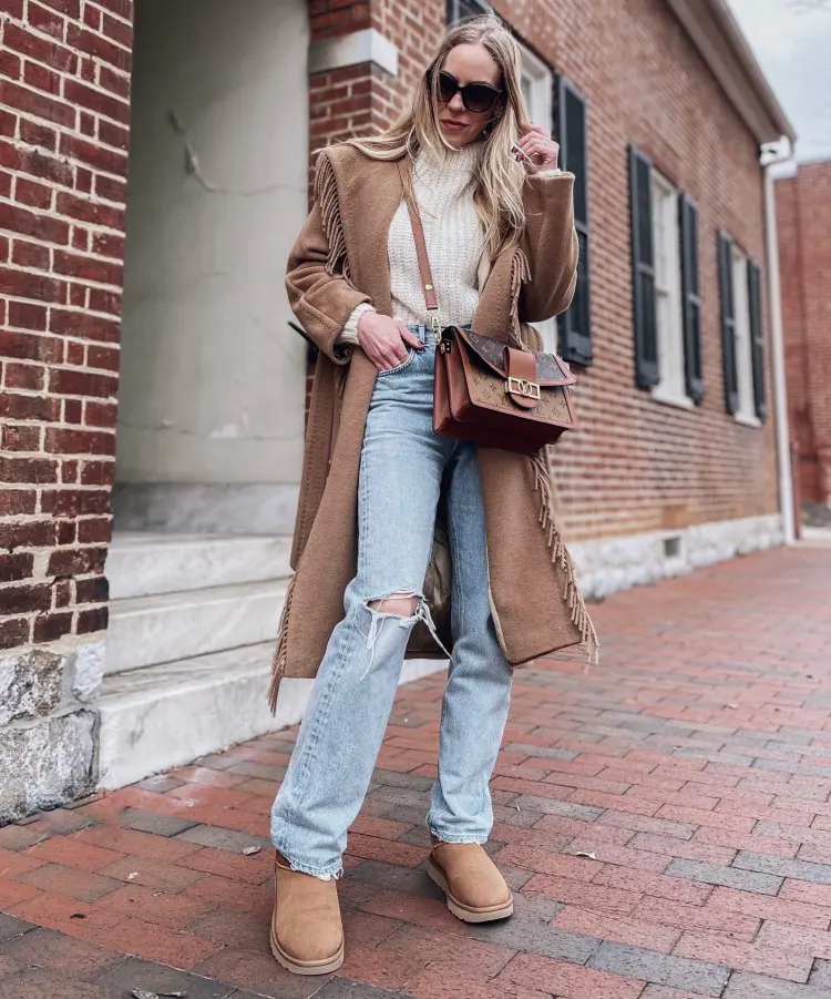 Fringed Coat and Ripped Jeans with Uggs — Ugg Boots Outfits