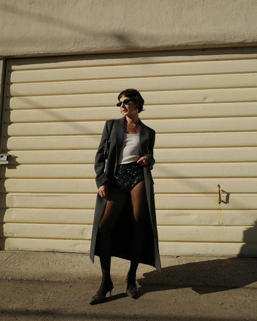 Black Sheer Tights with Sequined Shorts and a Long Grey Coat Black Sheer Tights with Sequined Shorts and a Long Grey Coat — Tights Outfits