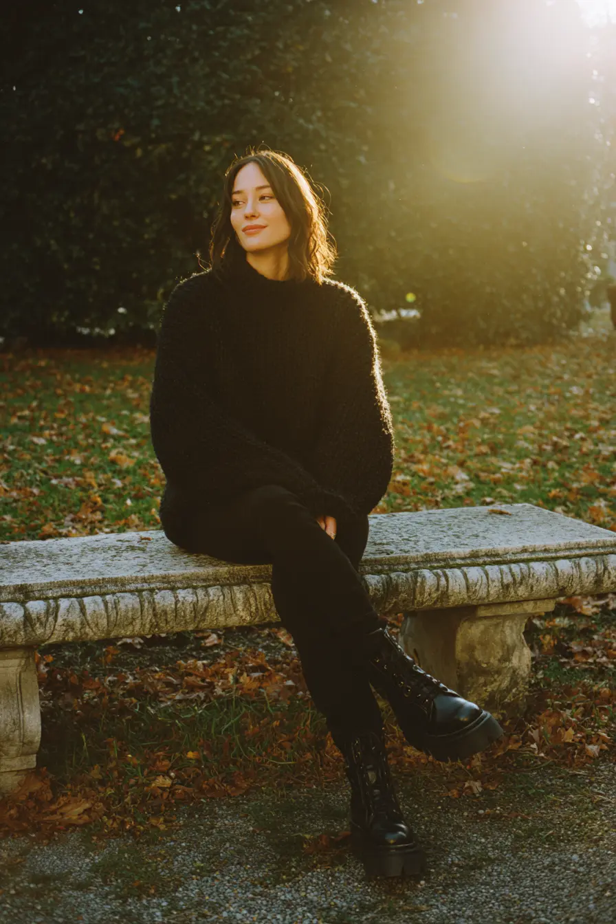 Chunky Knit Sweater with Fitted Pants for a Relaxed Winter Vibe — All Black Winter Outfits