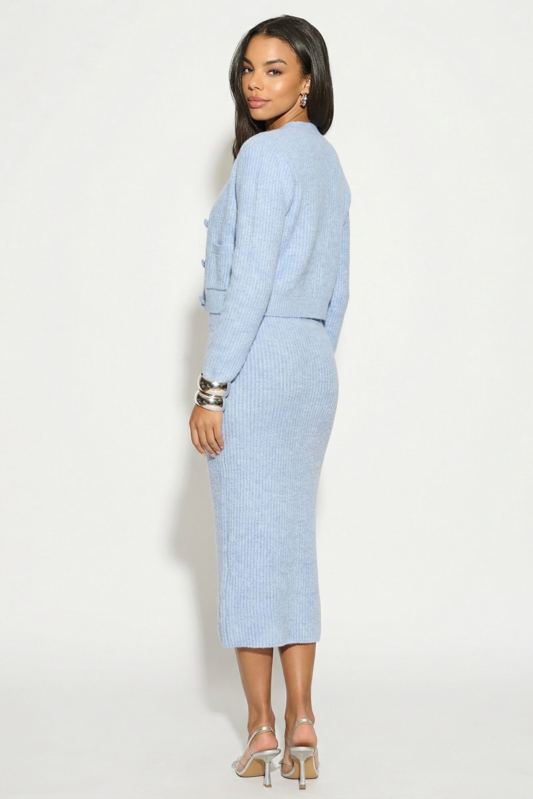 Pale Blue Mélange Knit Cardigan and Pencil Skirt — Knit Set Outfits