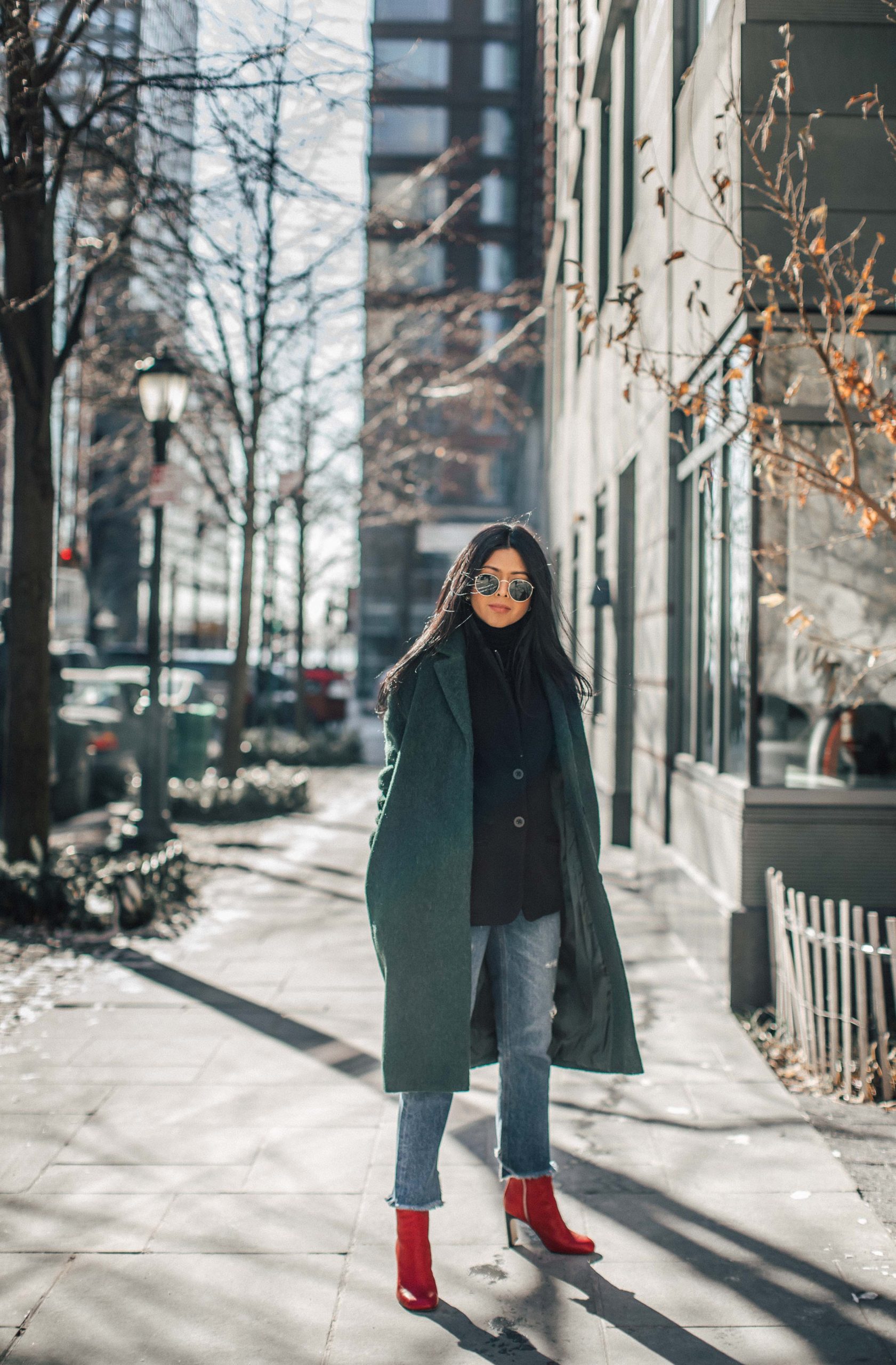 Vibrant Red Leather Boots with Straight-Leg Jeans — Ankle Boots Outfits
