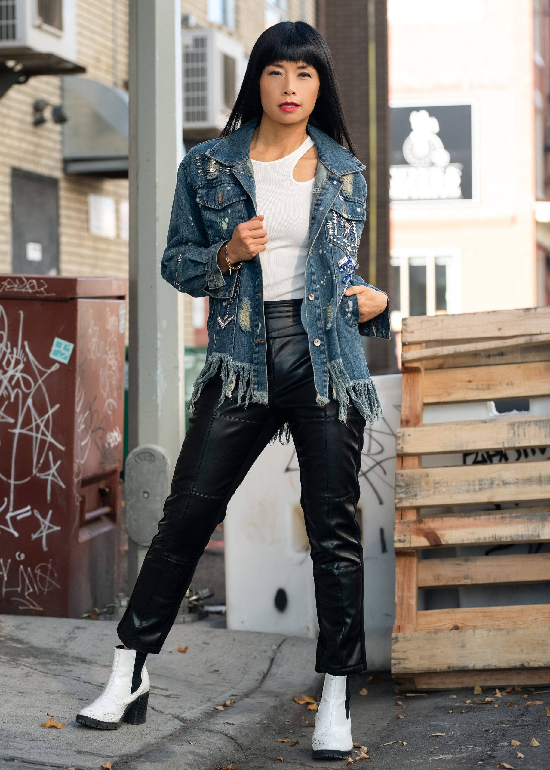 Edgy Outfit: Leather Pants with Asymmetrical Top and Distressed Denim Jacket — Leather Pants Outfits