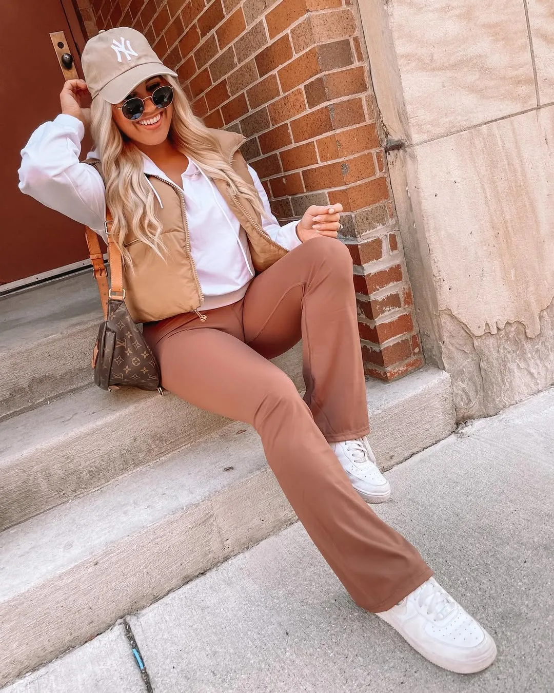 Weekend Ready: Brown Flare Leggings with Puffer Vest Weekend Ready: Brown Flare Leggings with Puffer Vest — Flare Leggings Outfits