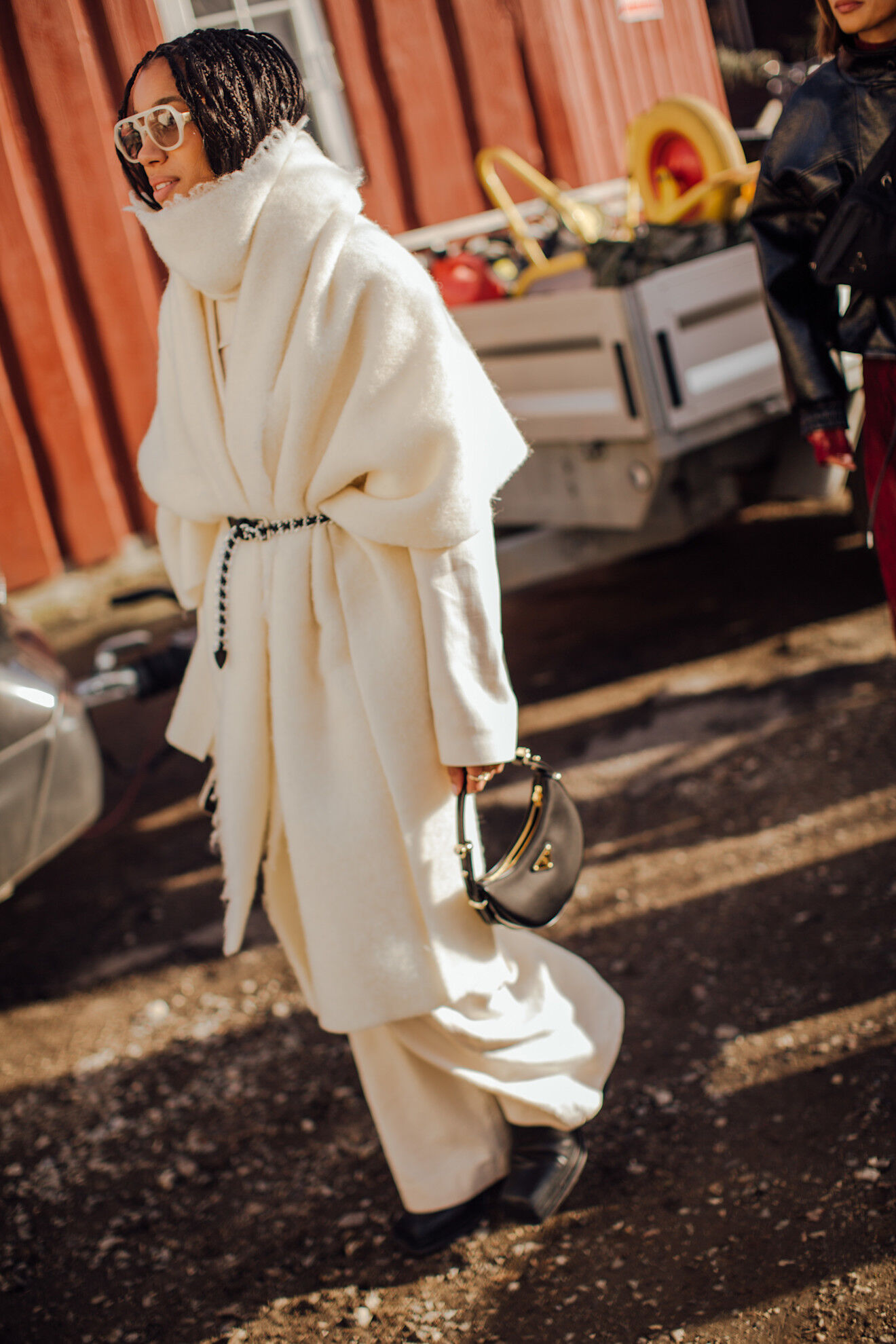 Voluminous Cream Coat and Trousers: Monochromatic Sophistication — Scandinavian Winter Outfits