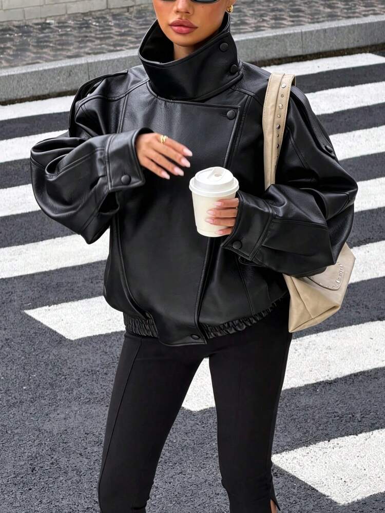 Black Faux Leather Jacket with Oversized Collar Black Faux Leather Jacket with Oversized Collar — Minimalist Winter Outfits