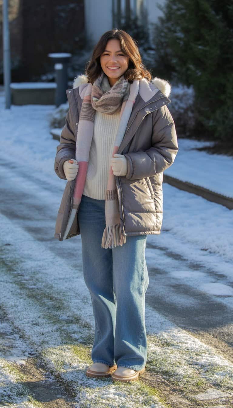 Grey Puffer Coat with Fur Hood and Clogs — Cold Weather Outfits