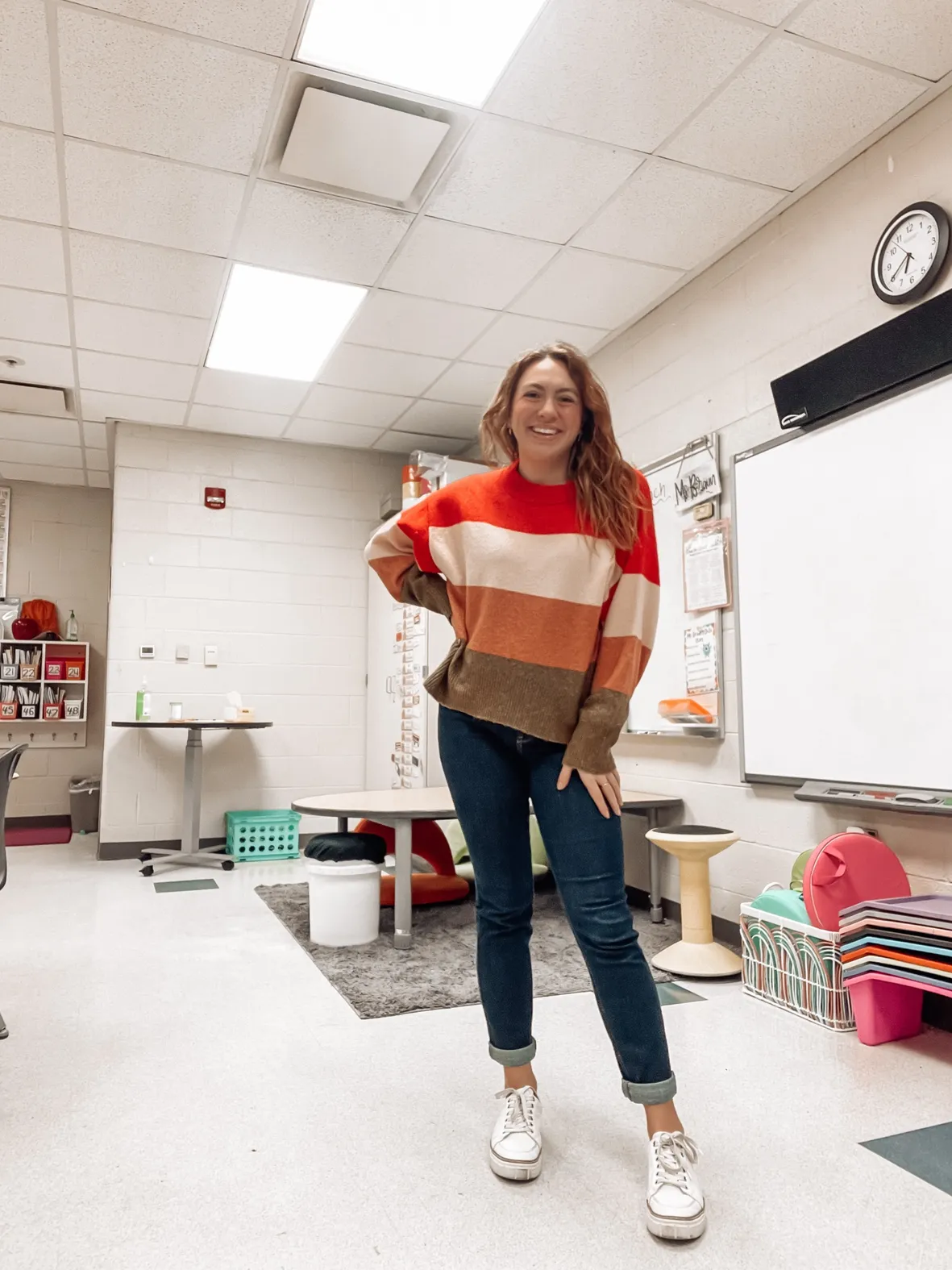 Vibrant Striped Sweater for a Cheerful Classroom Aesthetic — Winter Teacher Outfits
