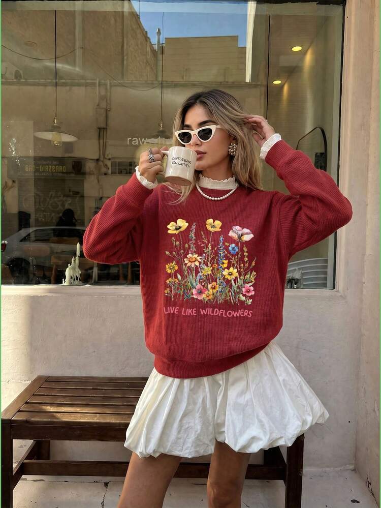 Floral Print Sweatshirt with Ruffled Collar Top and White Skirt — Casual Winter Outfits