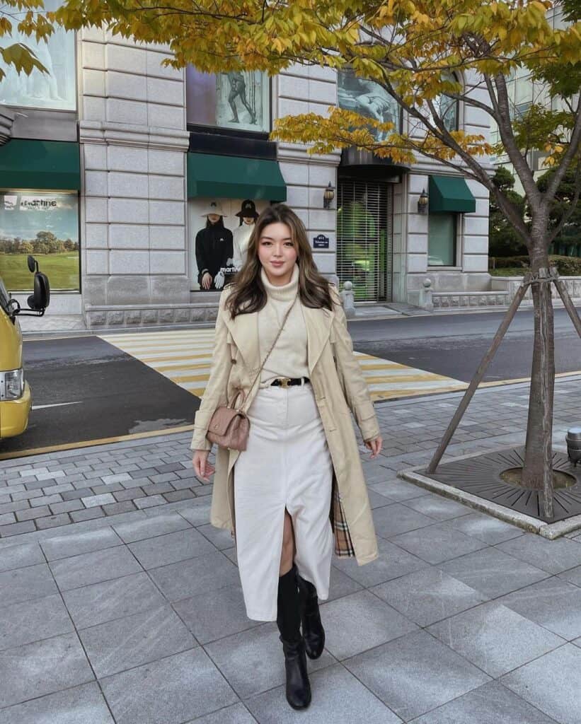 Trench Coat Over Turtleneck with Plaid Lining Detail — Korean Winter Outfits