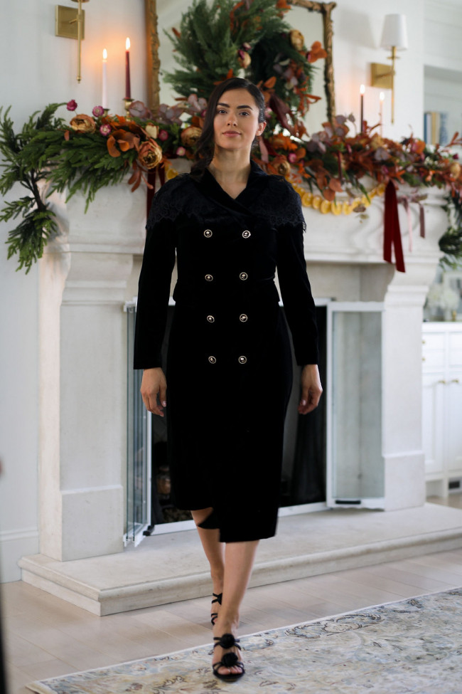 Sophisticated Black Velvet Midi Dress with Lace Collar — Winter Date Night Outfits