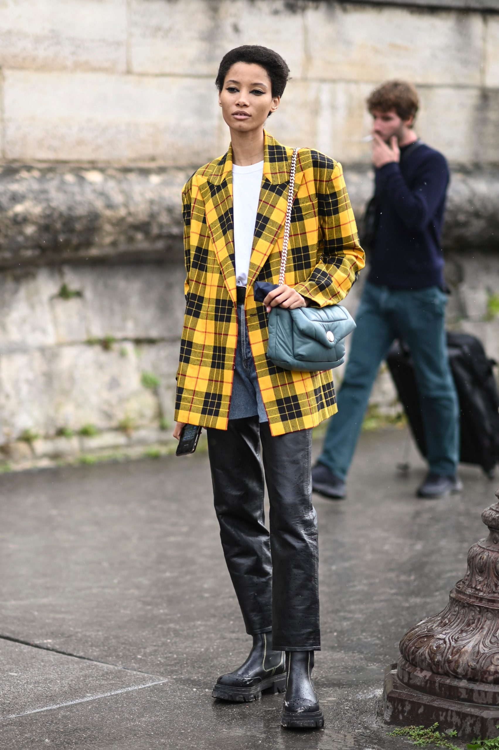 Oversized Plaid Blazer Over T-shirt with Faux Leather Pants — Winter Streetwear Outfits