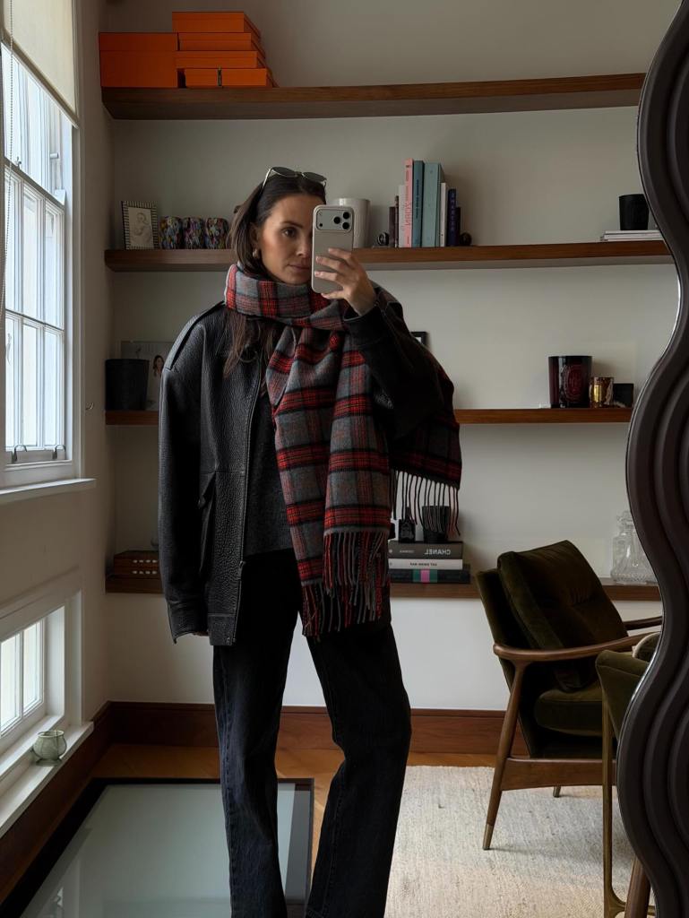 Leather Jacket and Plaid Scarf for an Edgy Casual Look — Comfy Winter Outfits
