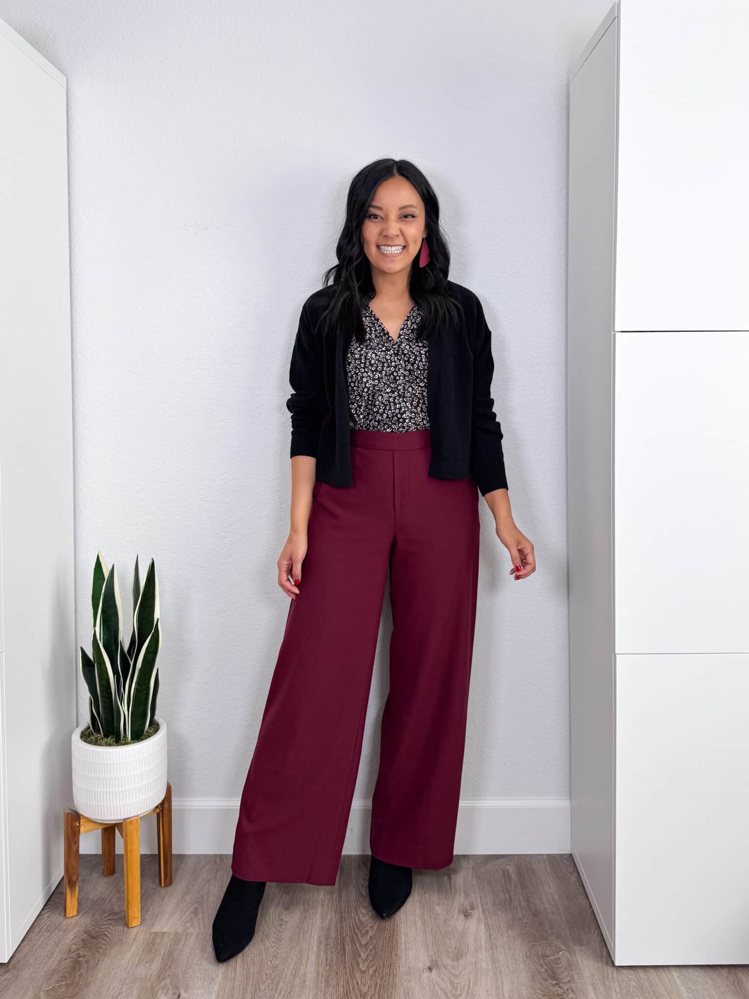 Burgundy Wide-Leg Trousers with Floral Blouse and Cardigan — Burgundy Outfits