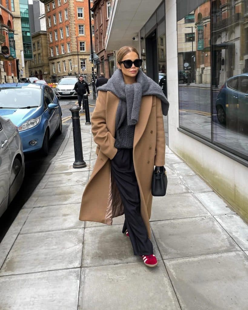 Elegant Camel Coat Paired with Grey Knits and Trousers — Winter Brunch Outfits