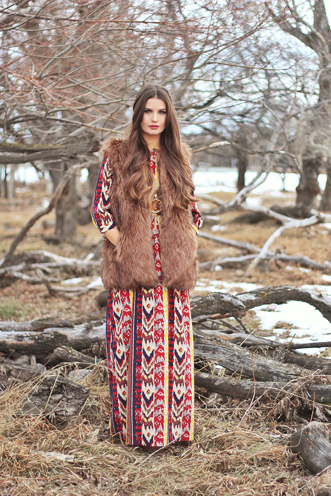 Printed Maxi Dress with Faux Fur Vest for an Outdoor Statement — Boho Winter Outfits
