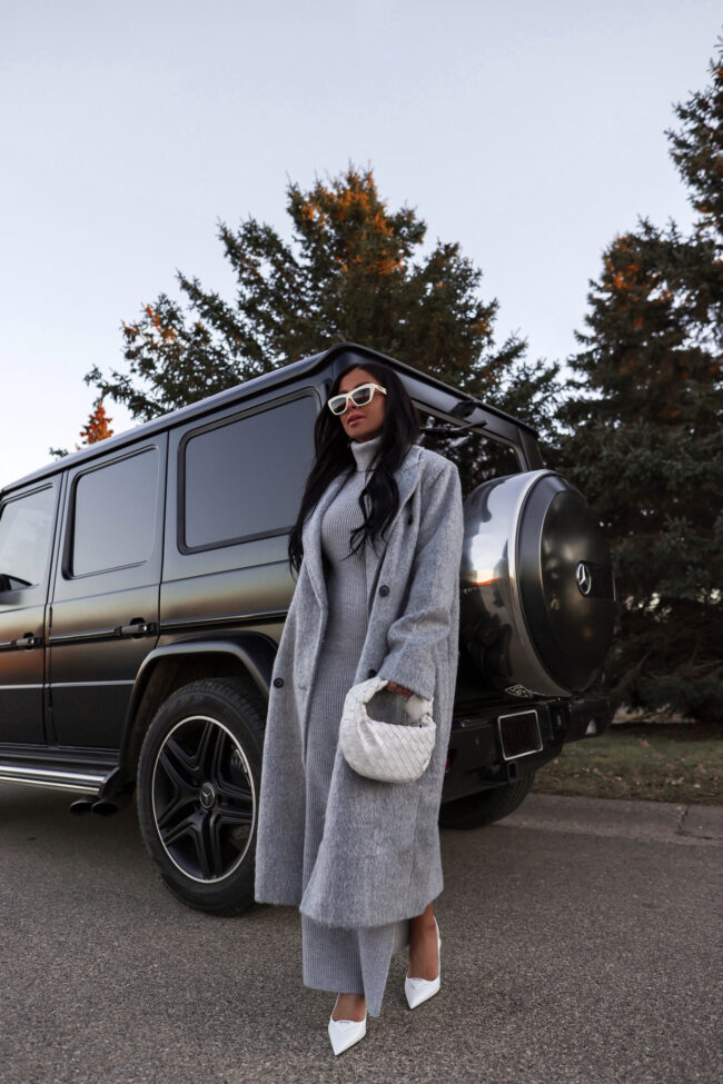 Grey Knit Dress with Oversized Textured Coat — Winter Capsule Wardrobe