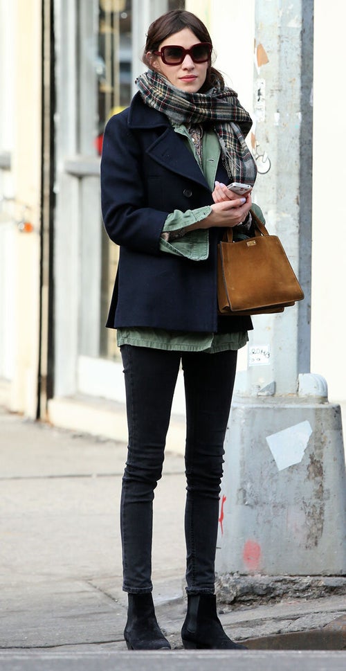 Polished Peacoat Ensemble with Plaid Scarf Accent — Winter Brunch Outfits