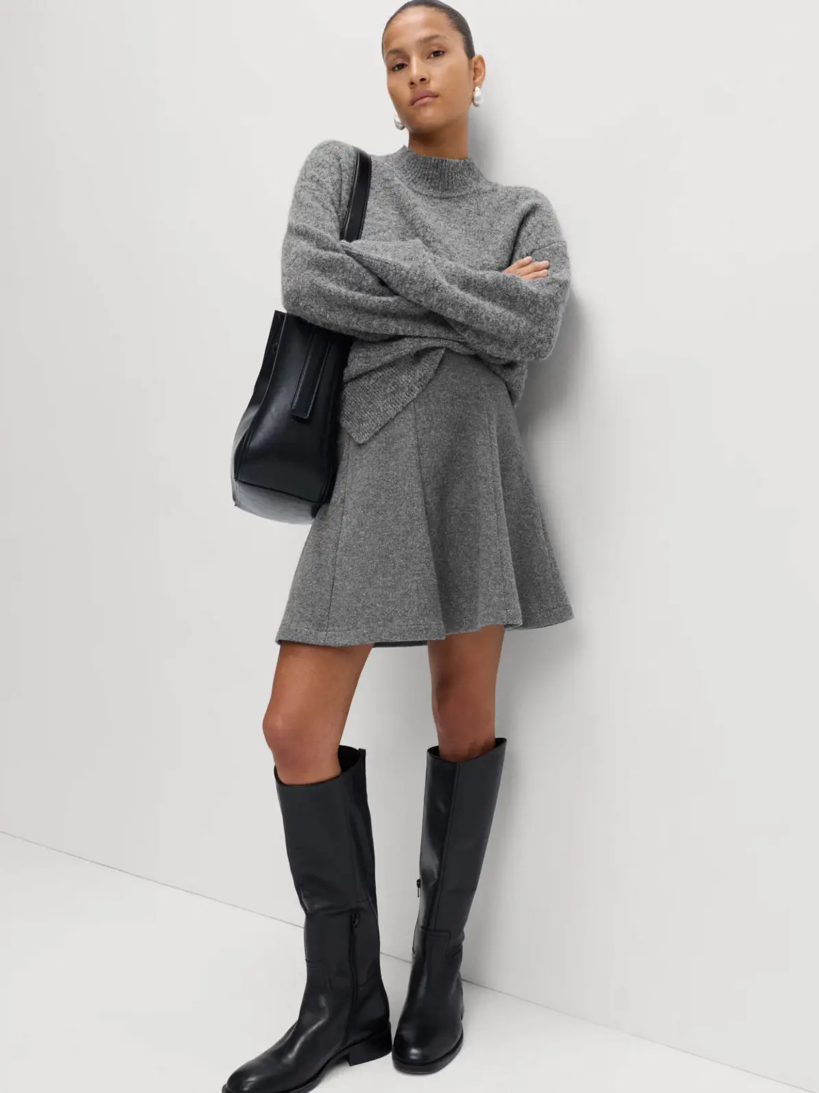 Monochromatic Grey Knit Set with Black Boots — Riding Boots Outfits