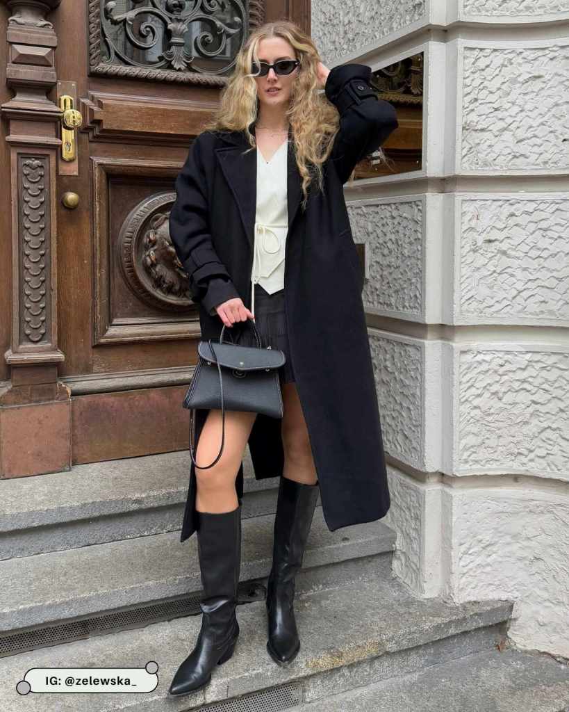 Monochromatic Black Coat with White Vest and Mini Skirt Monochromatic Black Coat with White Vest and Mini Skirt — Black Coat Outfits