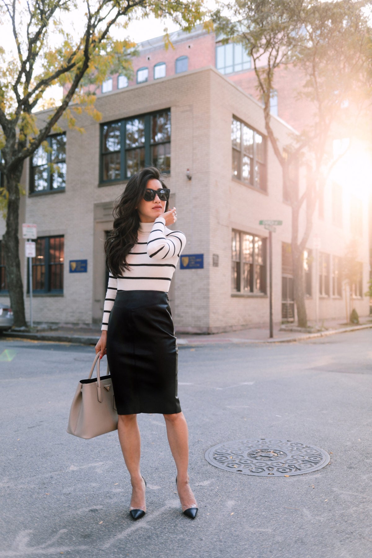 Black Faux Leather Pencil Skirt with Striped Turtleneck Black Faux Leather Pencil Skirt with Striped Turtleneck — Leather Skirt Outfits