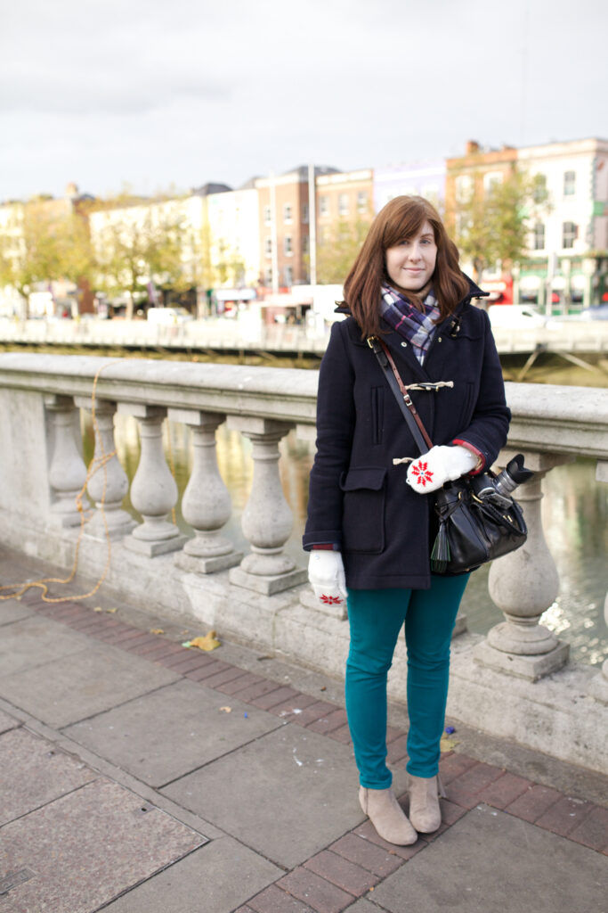 Bold Color Contrast: Duffle Coat with Bright Trousers Bold Color Contrast: Duffle Coat with Bright Trousers — Winter Travel Outfits
