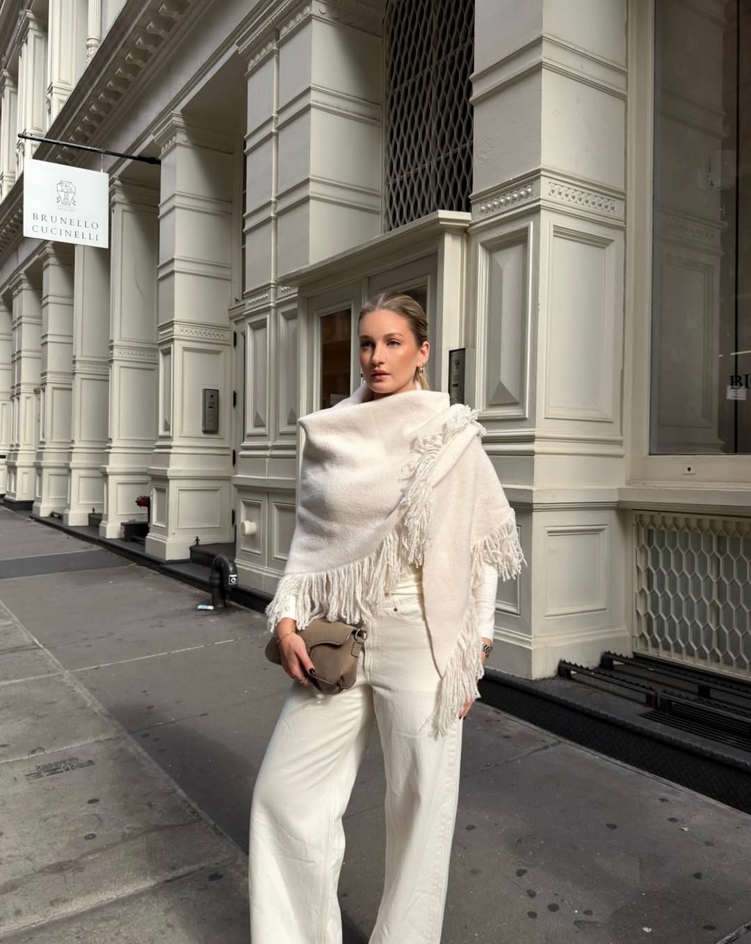 Fringed Scarf as a Draped Wrap in a Monochromatic Cream Outfit — Scarf Outfits