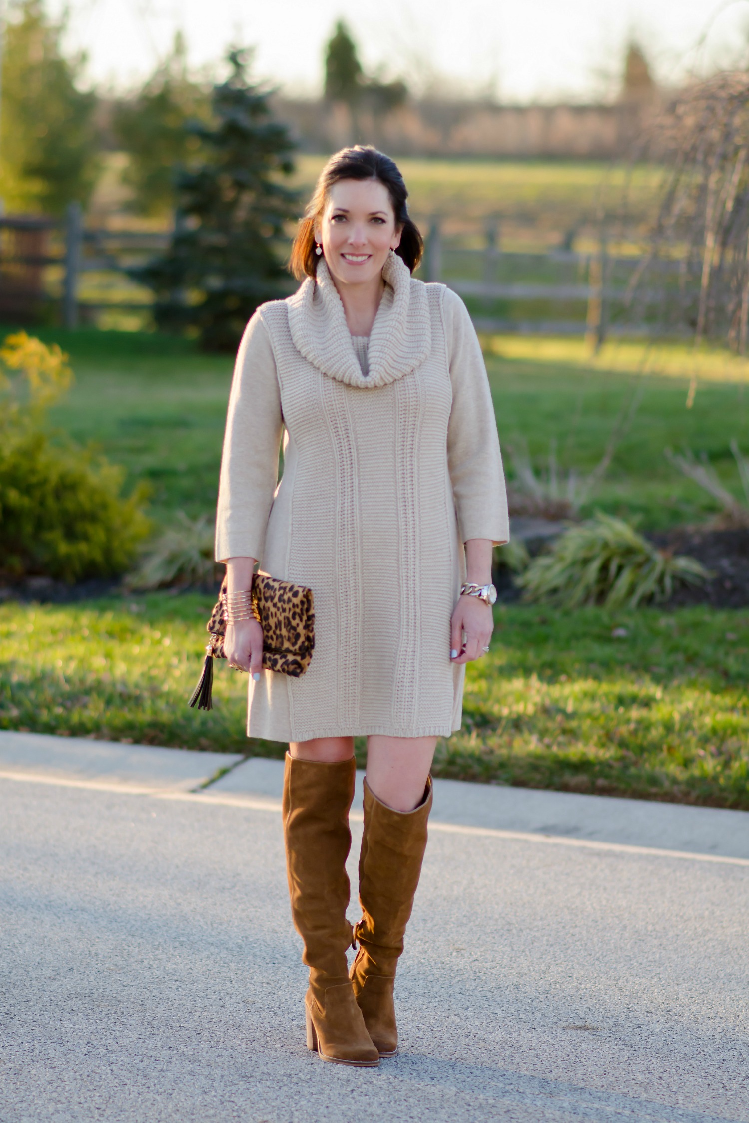 Tan Suede Over-The-Knee Boots Outfit Idea Tan Suede Over-The-Knee Boots Outfit Idea — Sweater Dress Outfits