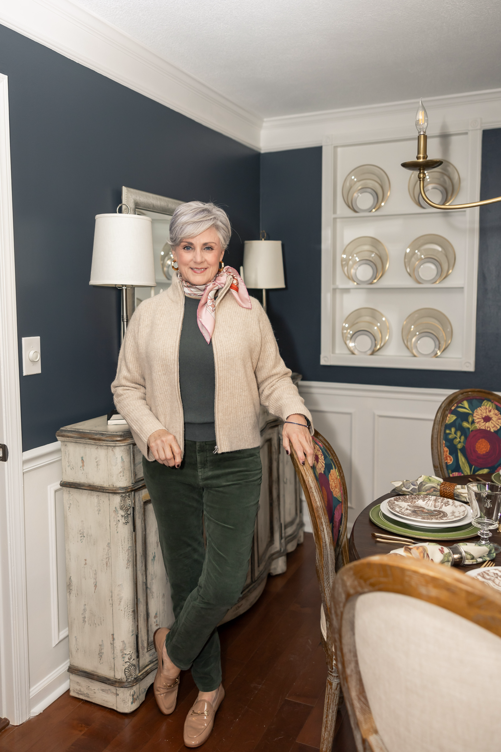 Beige Cardigan Over Dark Green Top with Corduroy Pants for Relaxed Style — Winter Outfits for Women Over 50