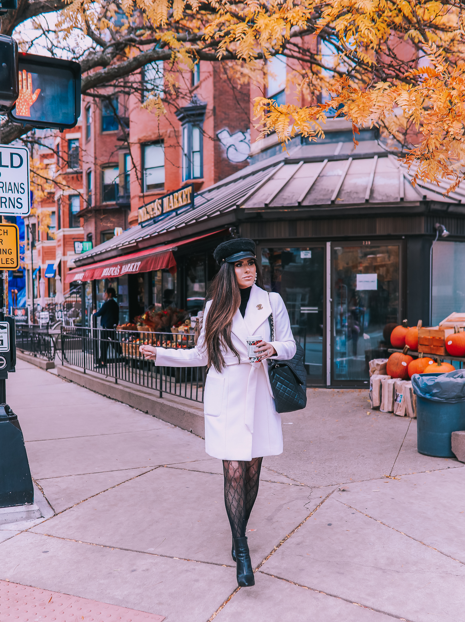 Light Pink Coat Over Black Turtleneck and Patterned Tights — Winter Date Night Outfits