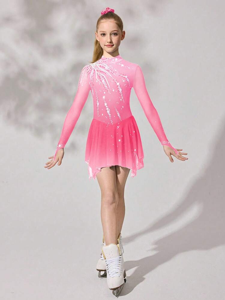 Pink Gradient Glitter Skating Dress with High Neckline — Ice Skating Outfits