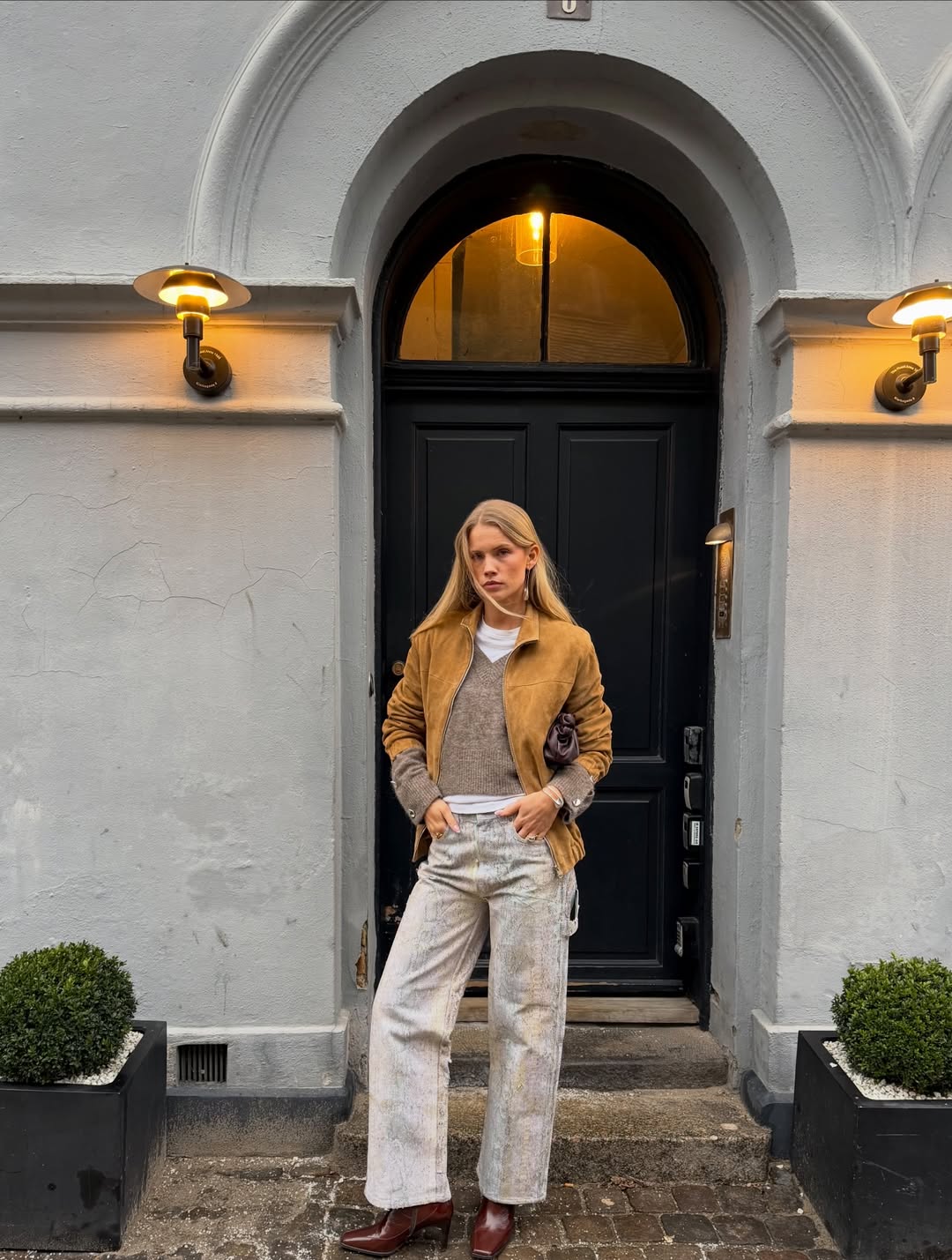 Suede Bomber Jacket with Metallic Trousers: Unexpected Winter Mix — Scandinavian Winter Outfits