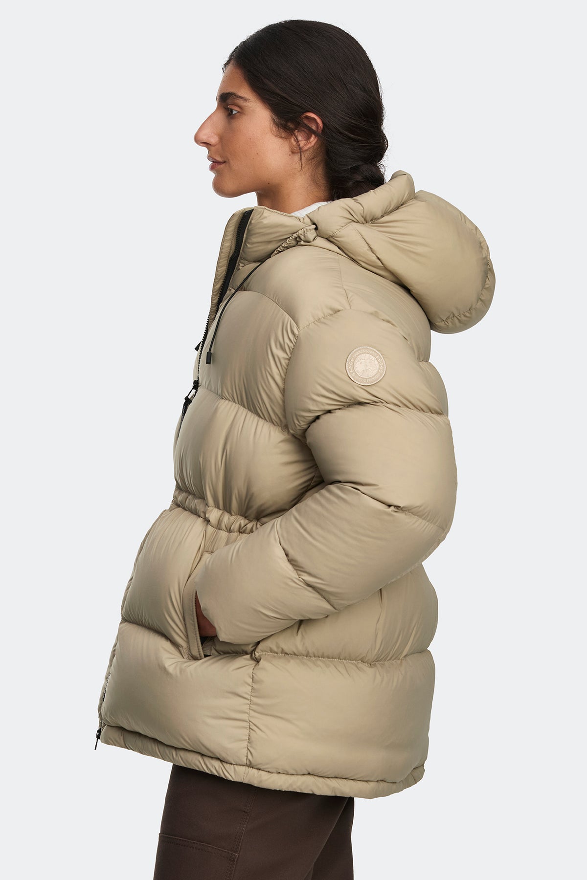 Beige Puffer Jacket with Cinched Waist for Defined Shape — Winter Jackets for Women