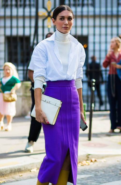 Unexpected Pop: White Turtleneck with Purple Pencil Skirt Unexpected Pop: White Turtleneck with Purple Pencil Skirt — Turtleneck Outfits