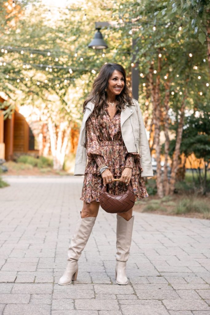 Floral Mini Dress and Beige Boots for a Chic Casual Look — Knee High Boots Outfits