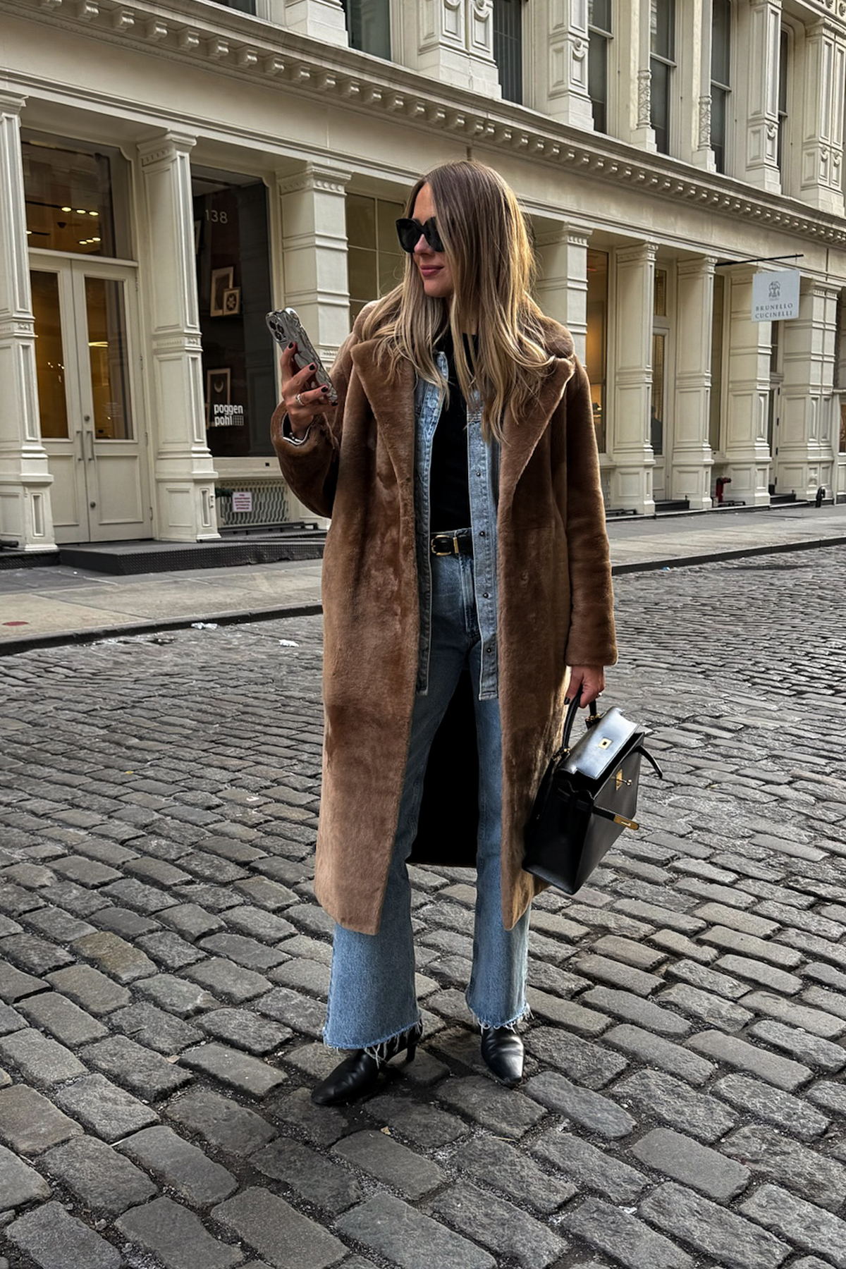 Flared Jeans with Faux Fur Coat and Double Denim — Winter Outfits with Jeans