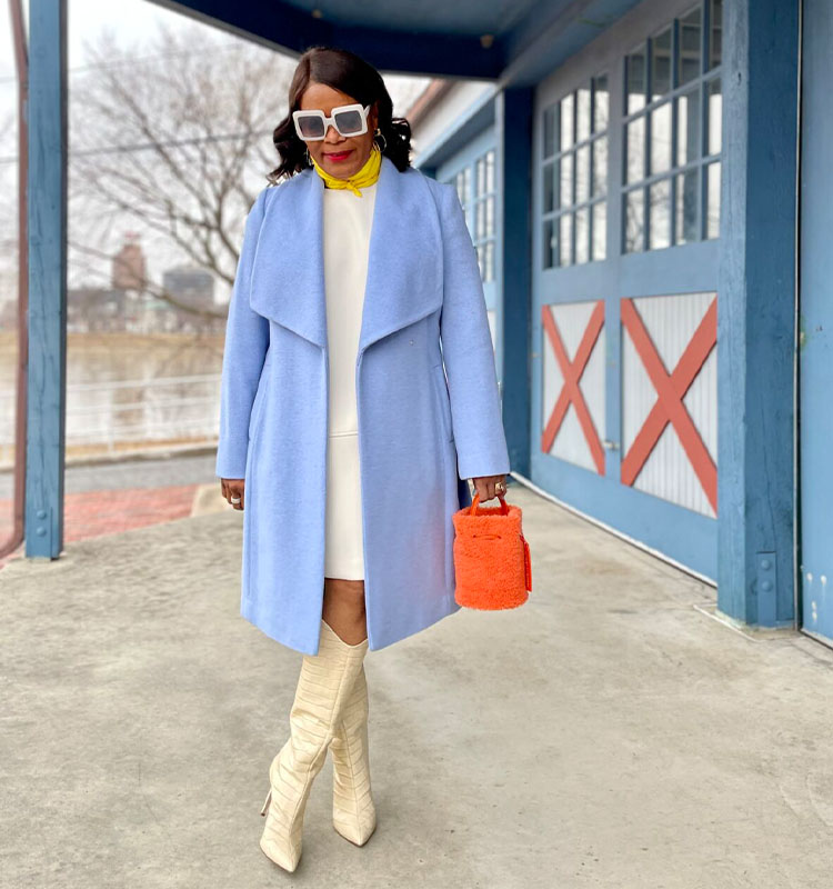 Light Blue Wool-Like Coat with Orange Handbag Pop — Early Winter Outfits