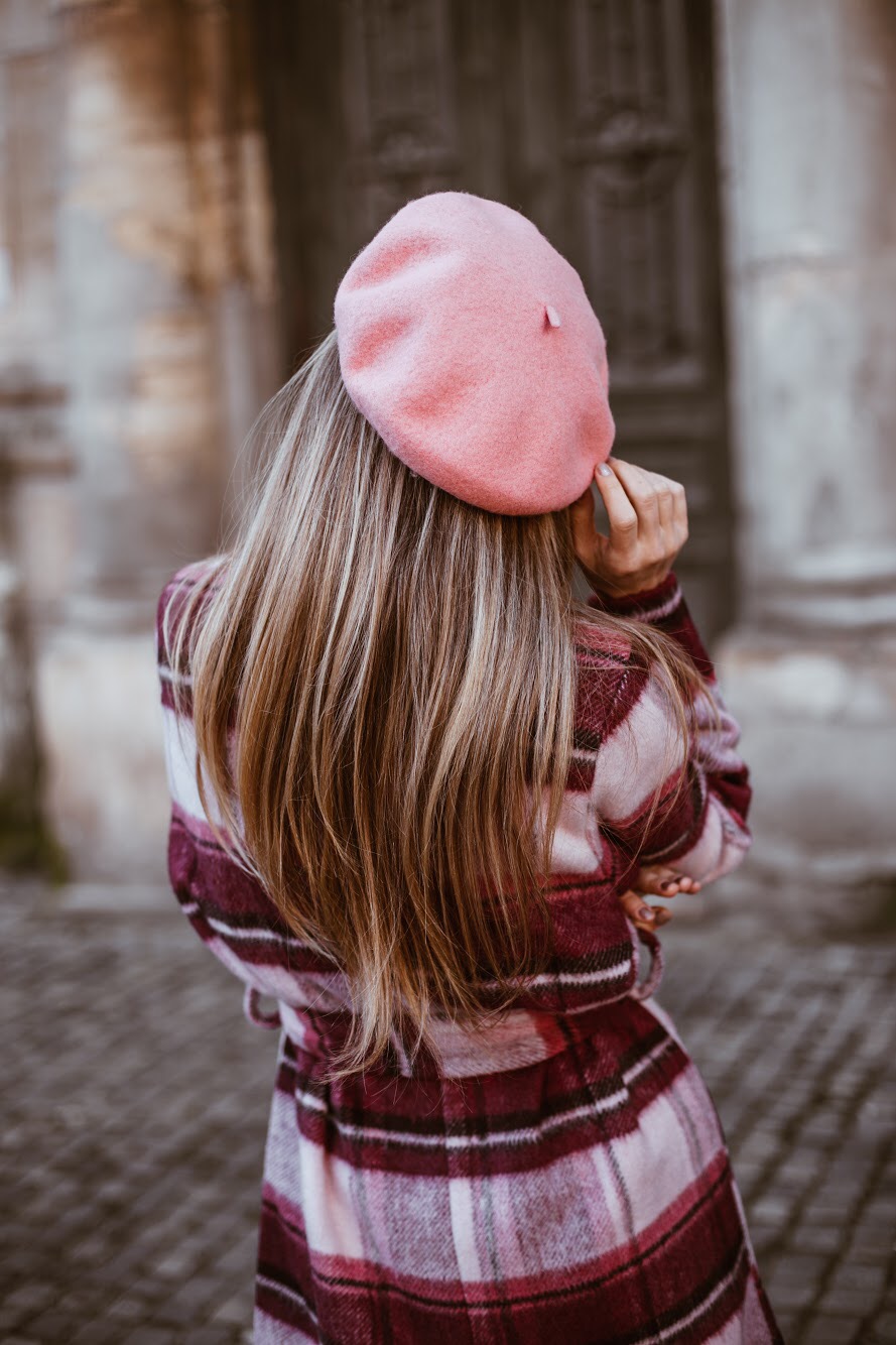 Playful Pink Pairing: Beret with a Plaid Coat — Beret Outfits